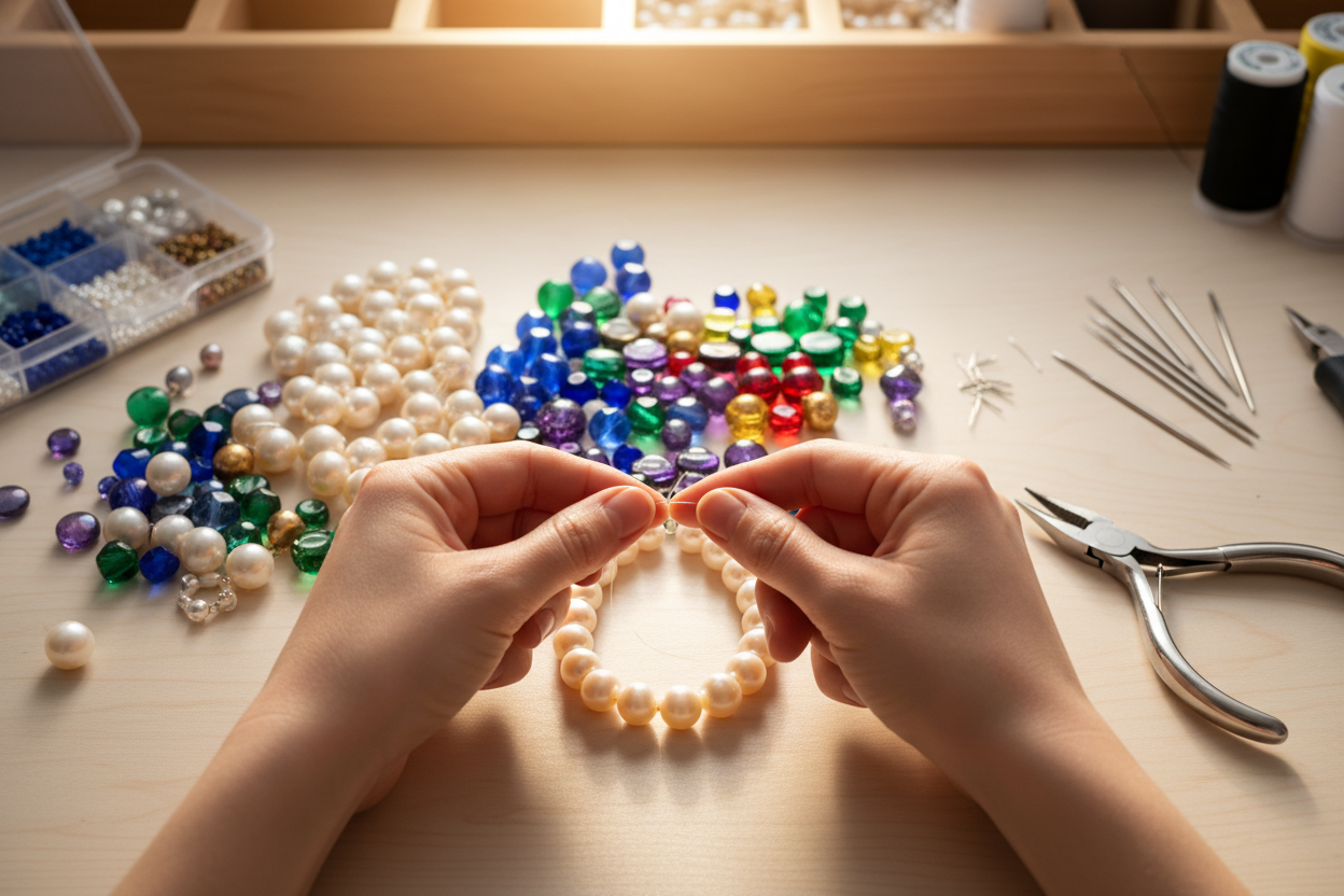 pearls and other premium beads with tools and needle for necklace beading in a optismistic image POV of craftsman